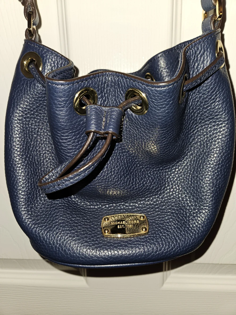 Michael Kors Navy Pebbled Leather Drawstring Shoulder Bag